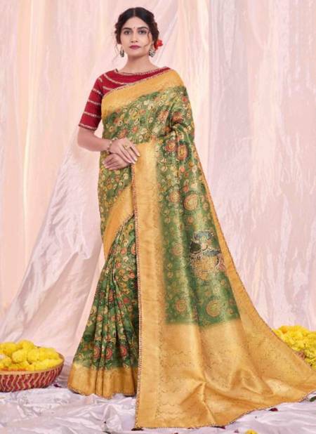 Green And Golden Colour Rajastha Mahotsav New Latest Designer Ethnic Wear Tissue Silk Printed Saree Collection 42517
